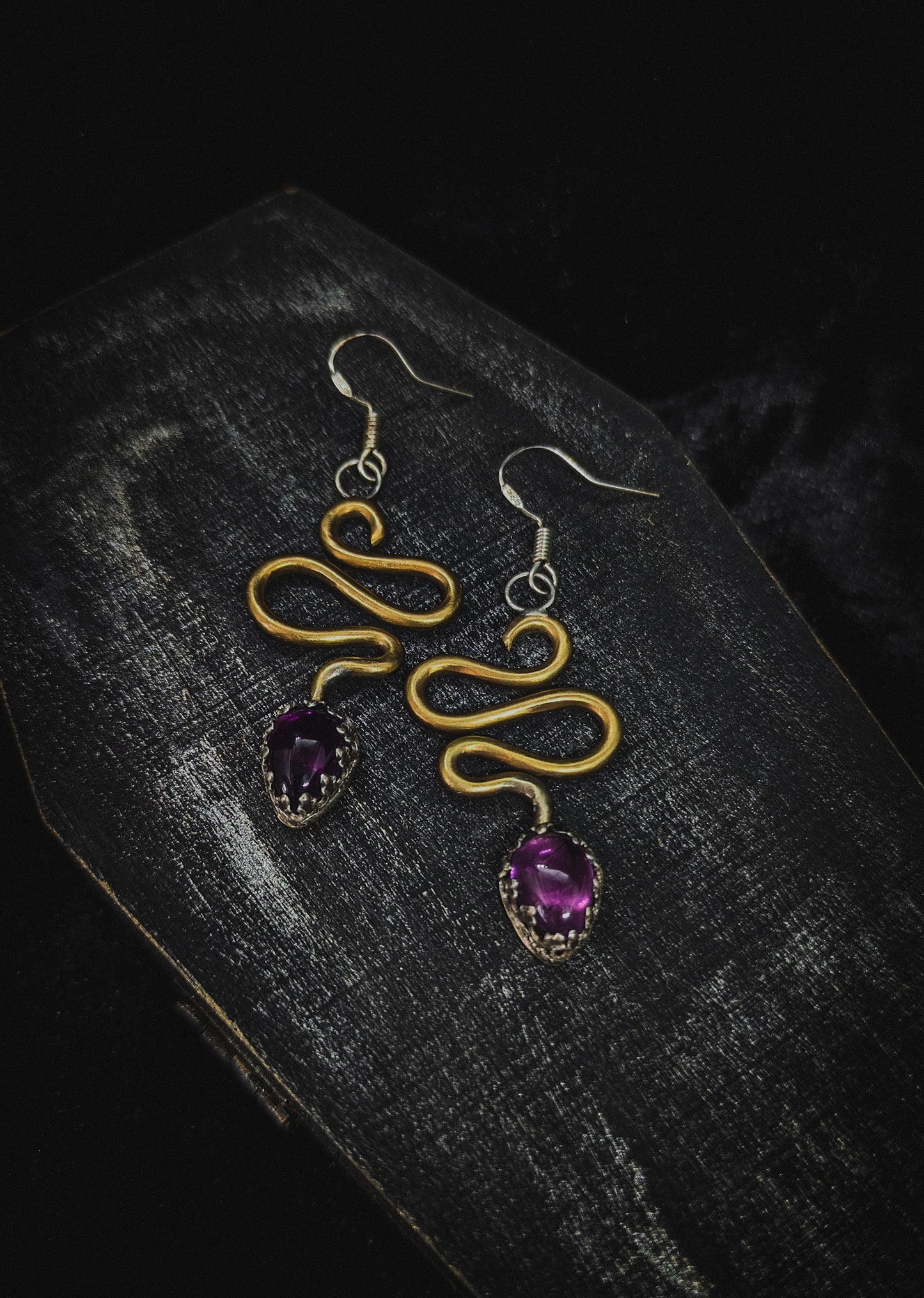 Brass and Amethyst Snake Dangle Earrings