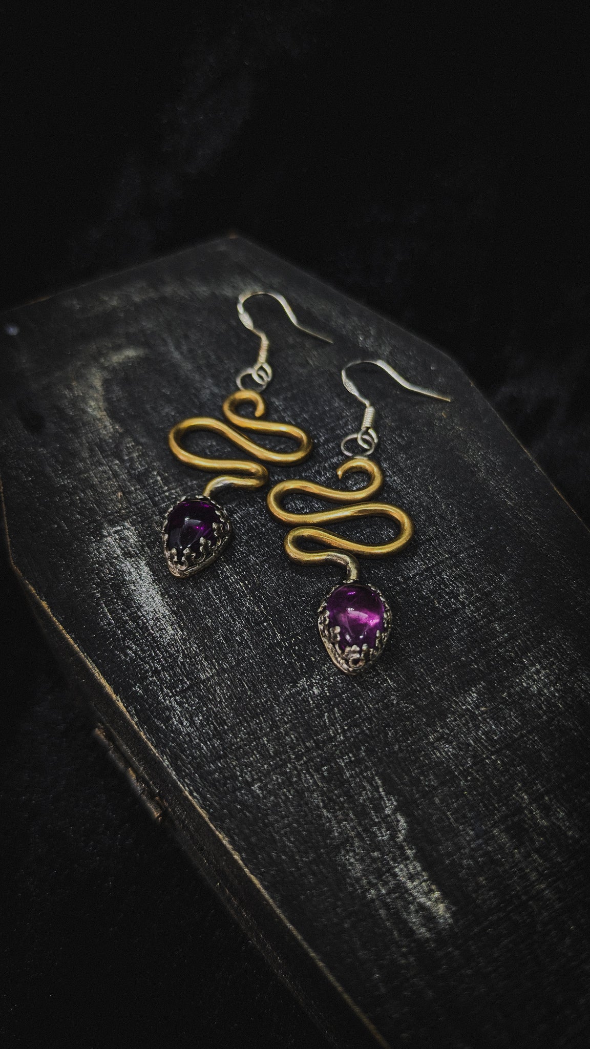 Brass and Amethyst Snake Dangle Earrings