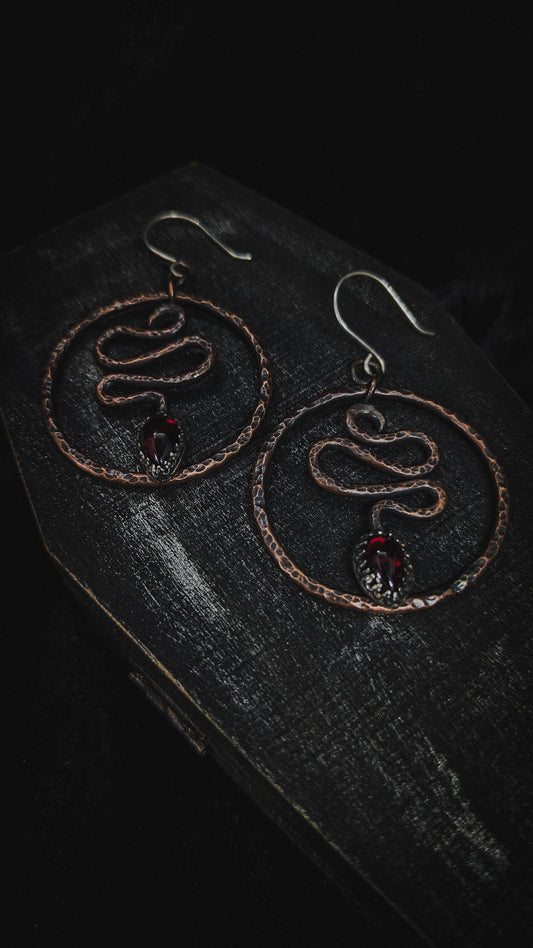 Snake Hoop Occult Earrings with Garnet