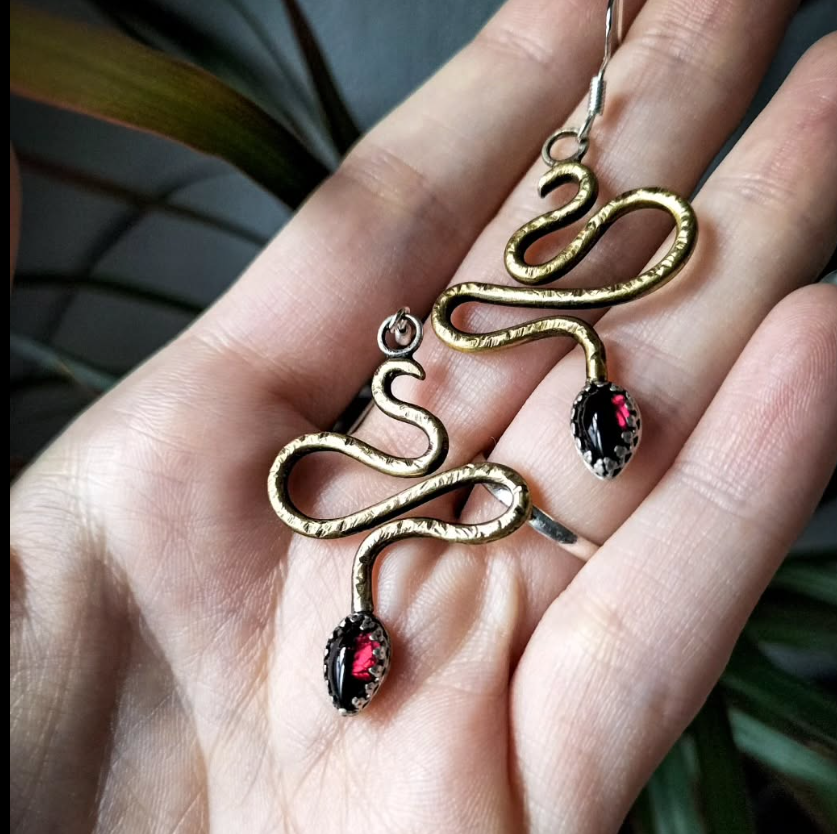 Brass and Amethyst Snake Dangle Earrings