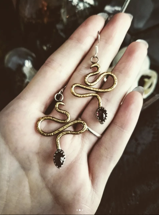 Brass and Amethyst Snake Dangle Earrings