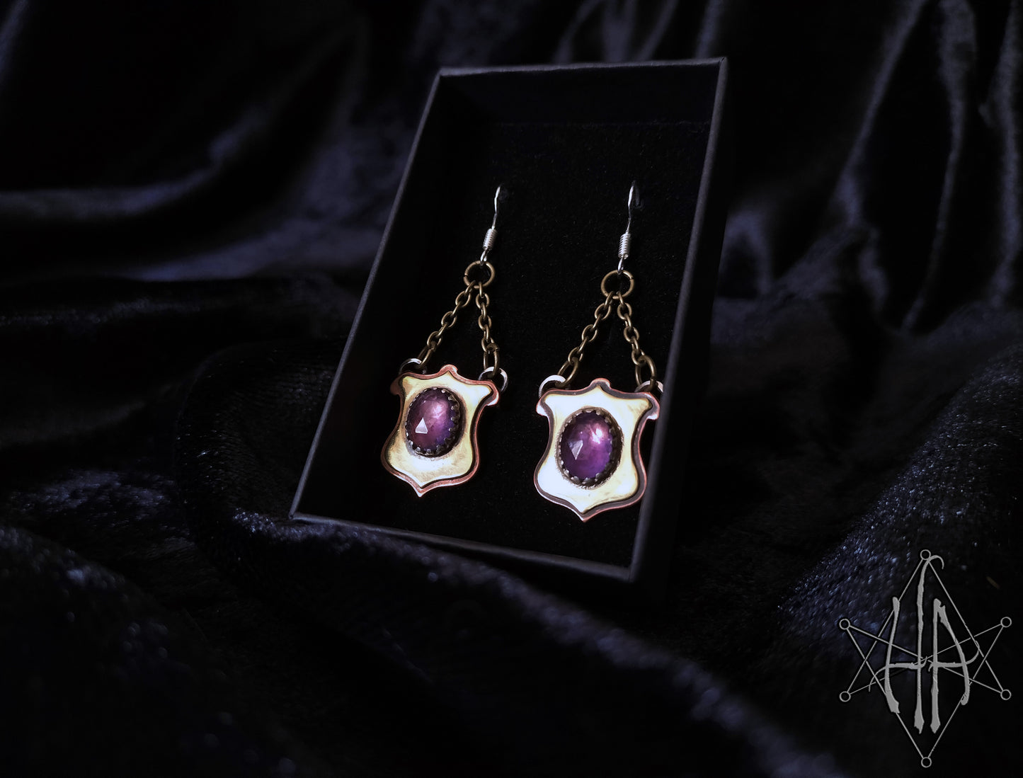 Victorian-Inspired Shield Earrings with Amethyst