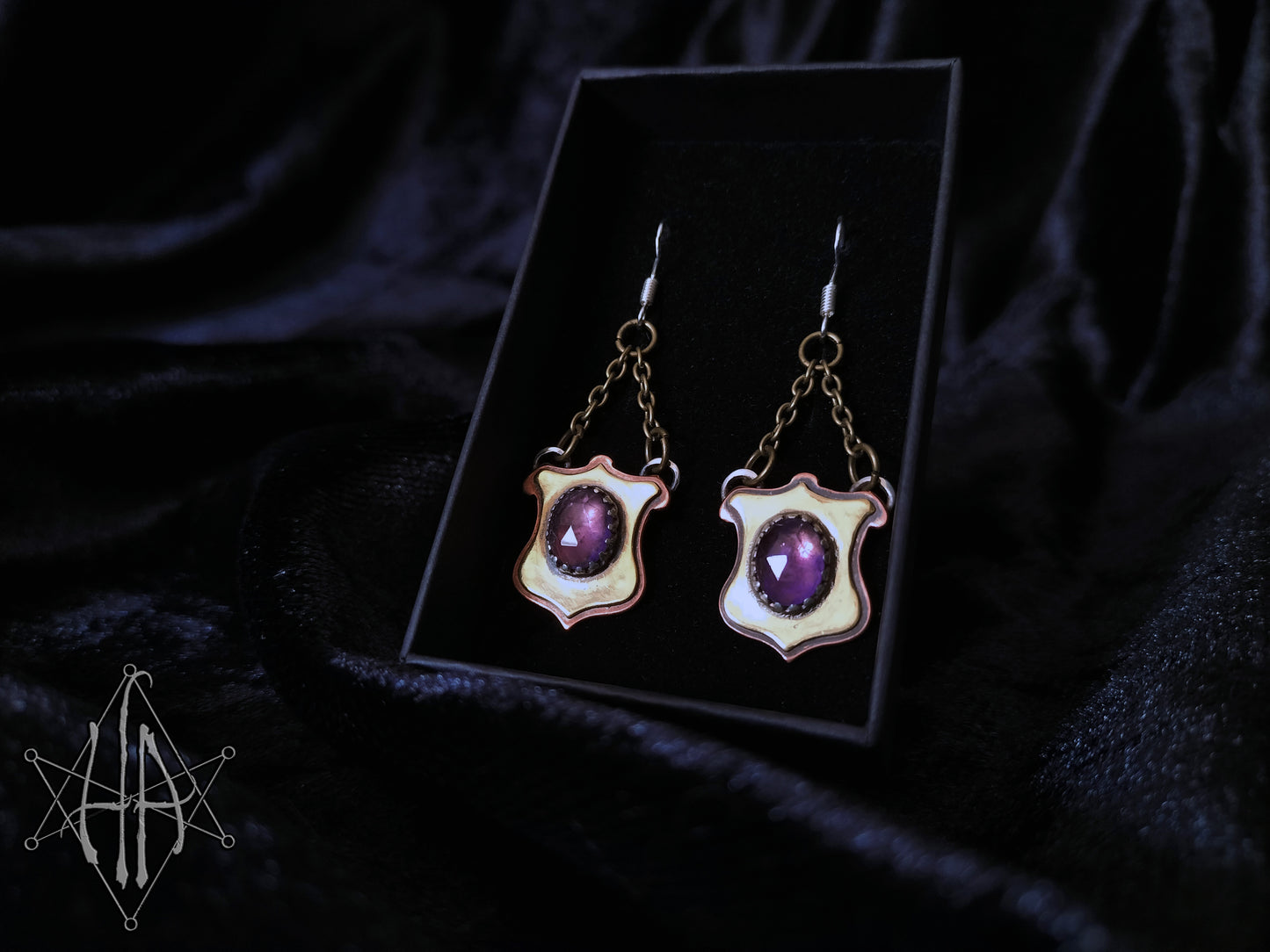 Victorian-Inspired Shield Earrings with Amethyst