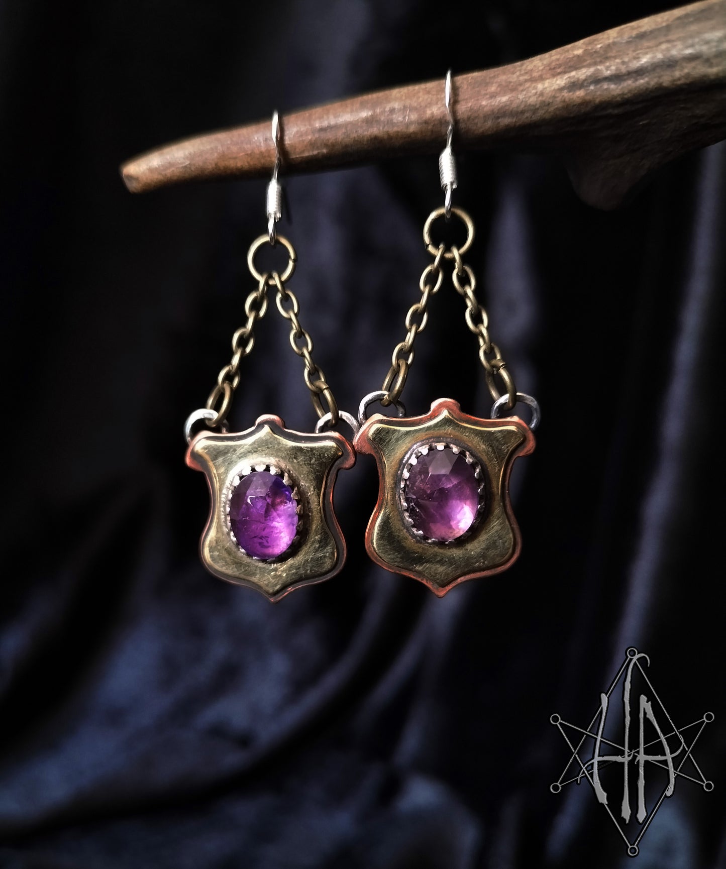 Victorian-Inspired Shield Earrings with Amethyst