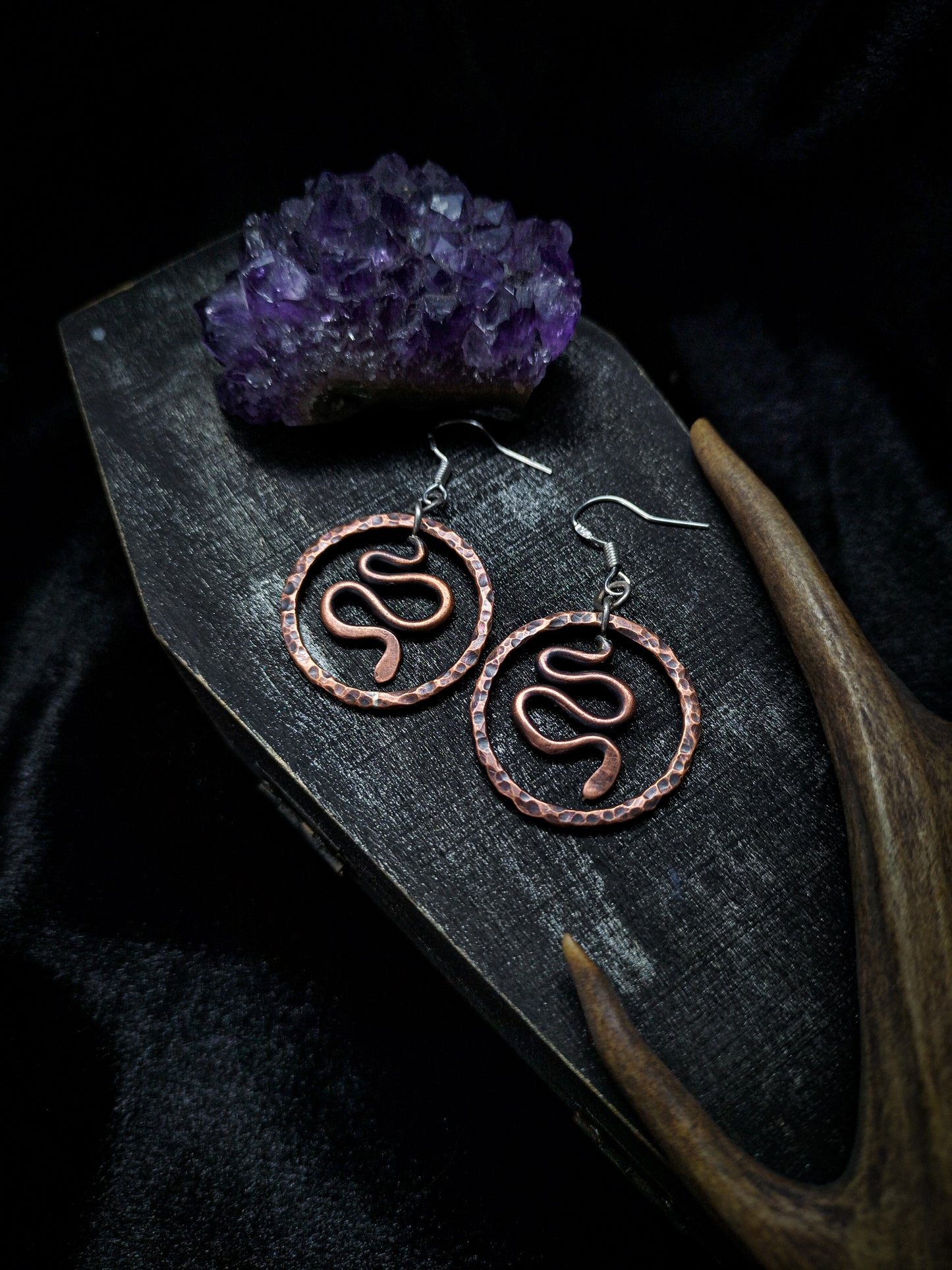 Copper Snake Dangle Hoop Earrings