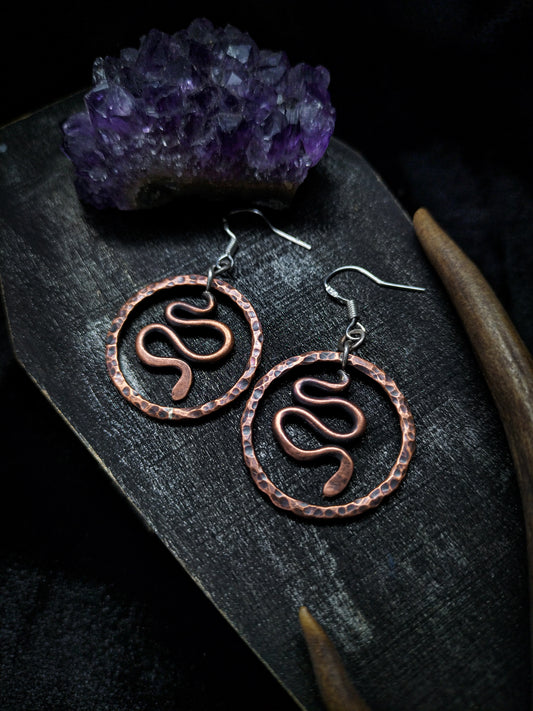 Copper Snake Dangle Hoop Earrings