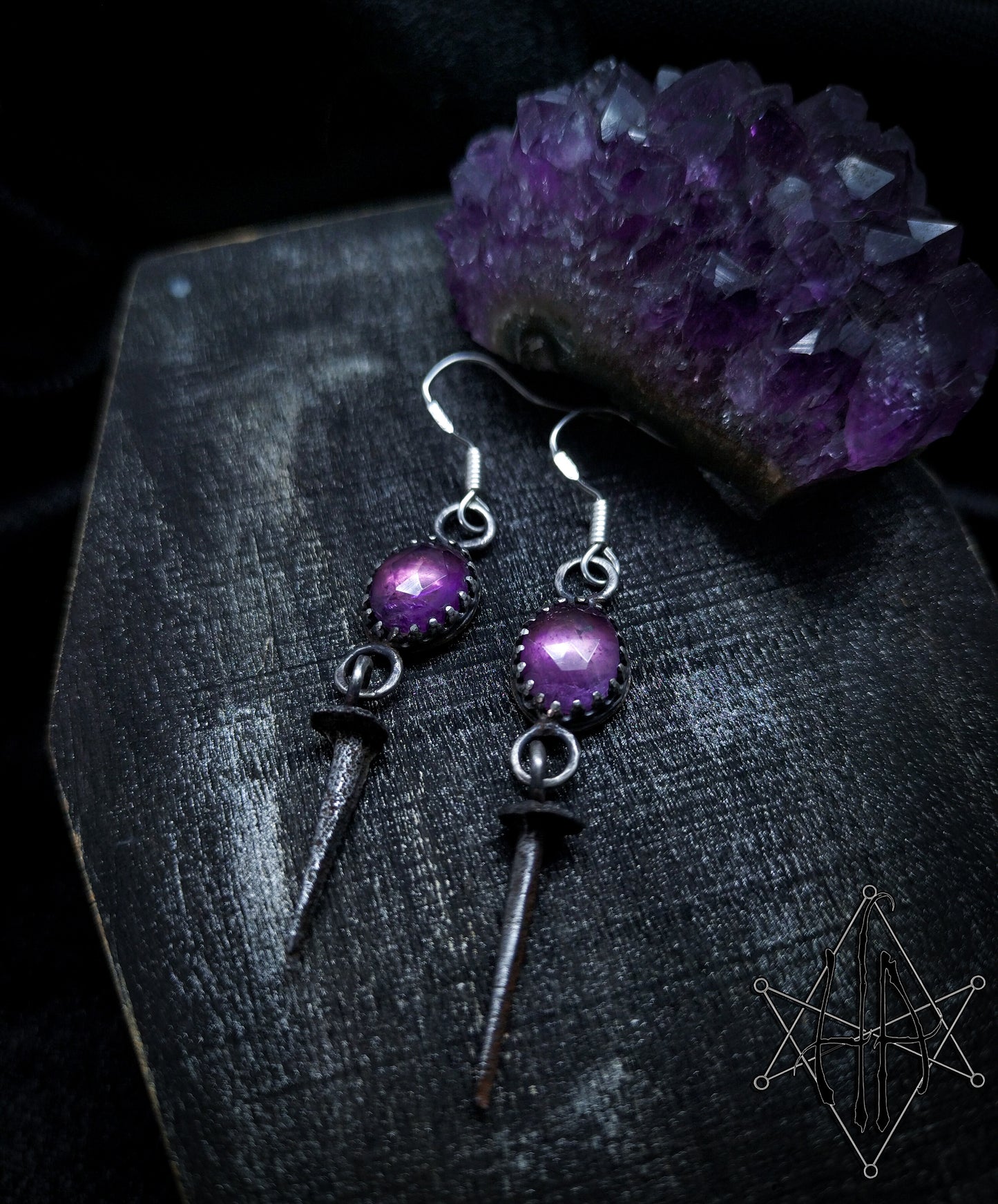 Amethyst and Vintage Coffin Nail Earrings