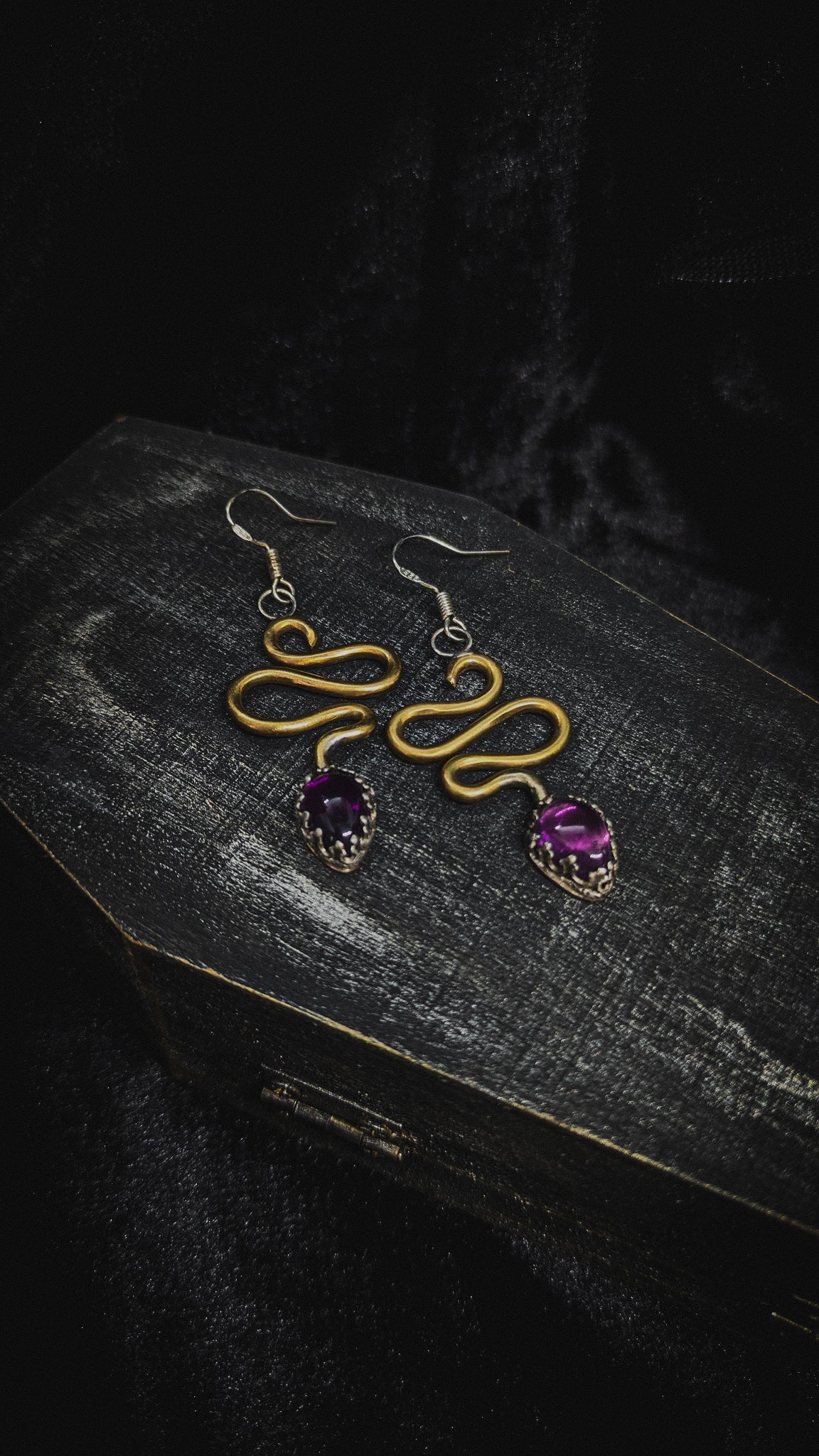 Brass and Amethyst Snake Dangle Earrings