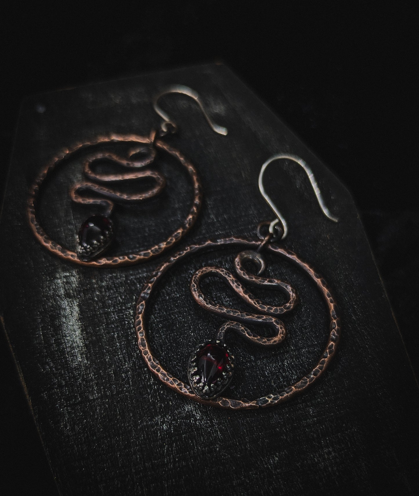 Snake Hoop Occult Earrings with Garnet