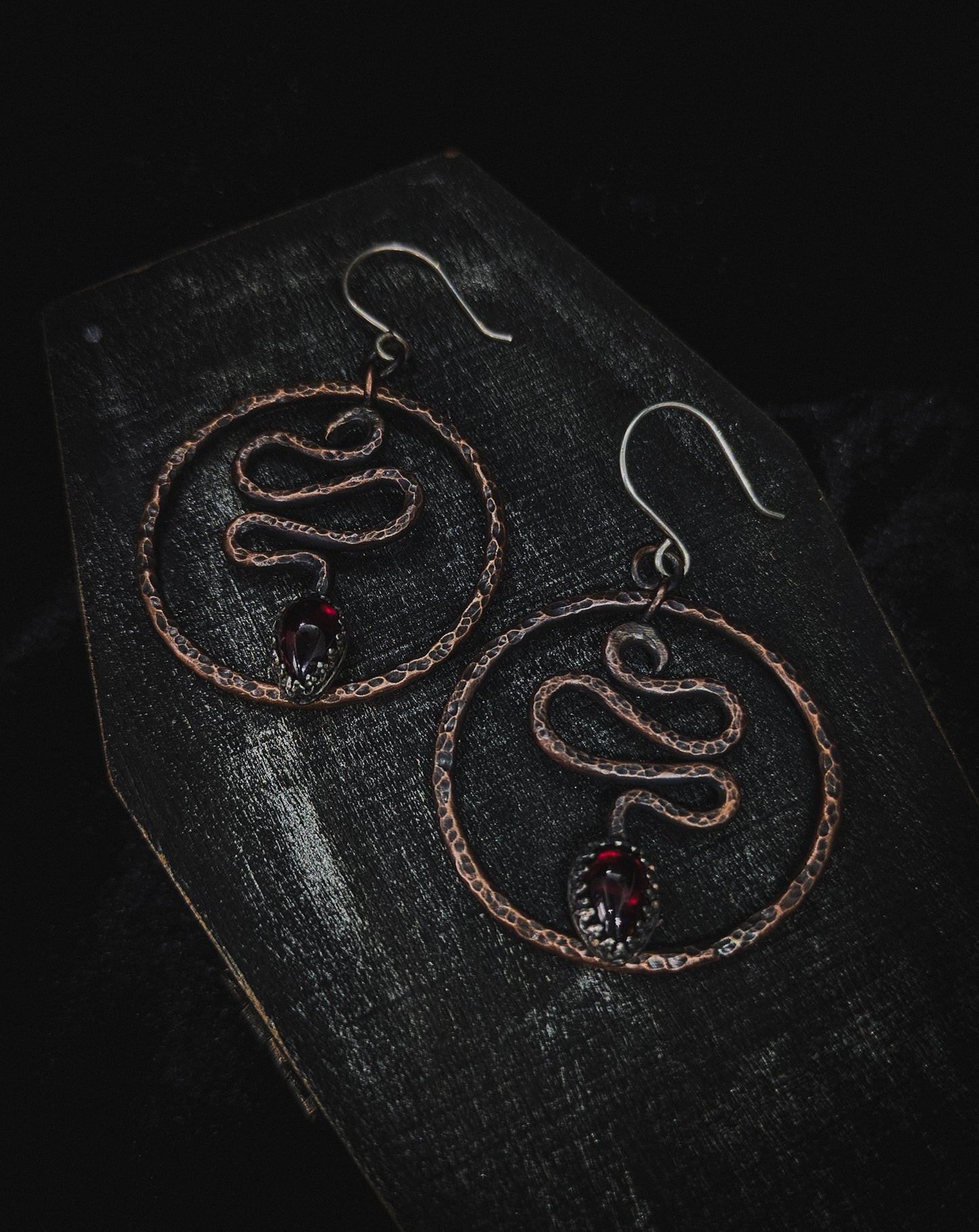 Snake Hoop Occult Earrings with Garnet