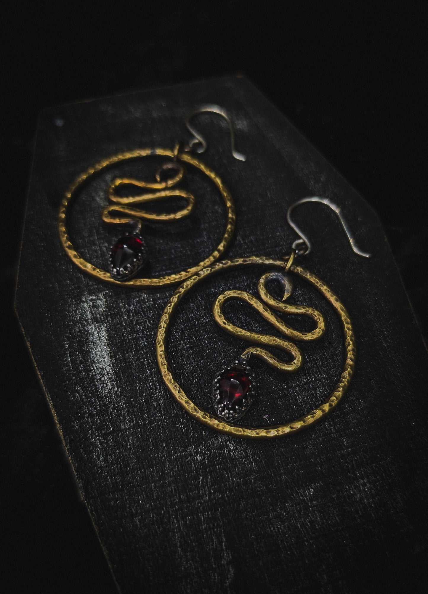 Snake Hoop Occult Earrings with Garnet